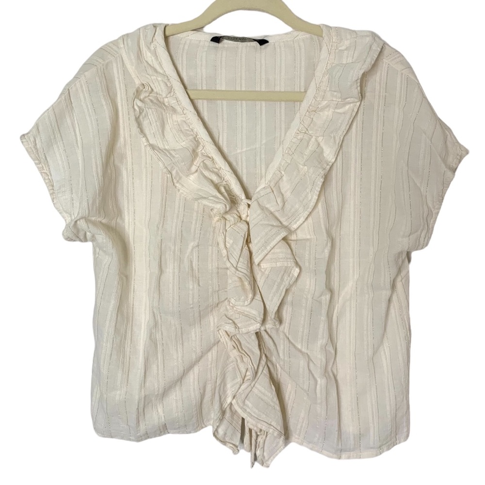Zara Cream & Metallic Gold Thread Small Ruffle Lace Up Front Top